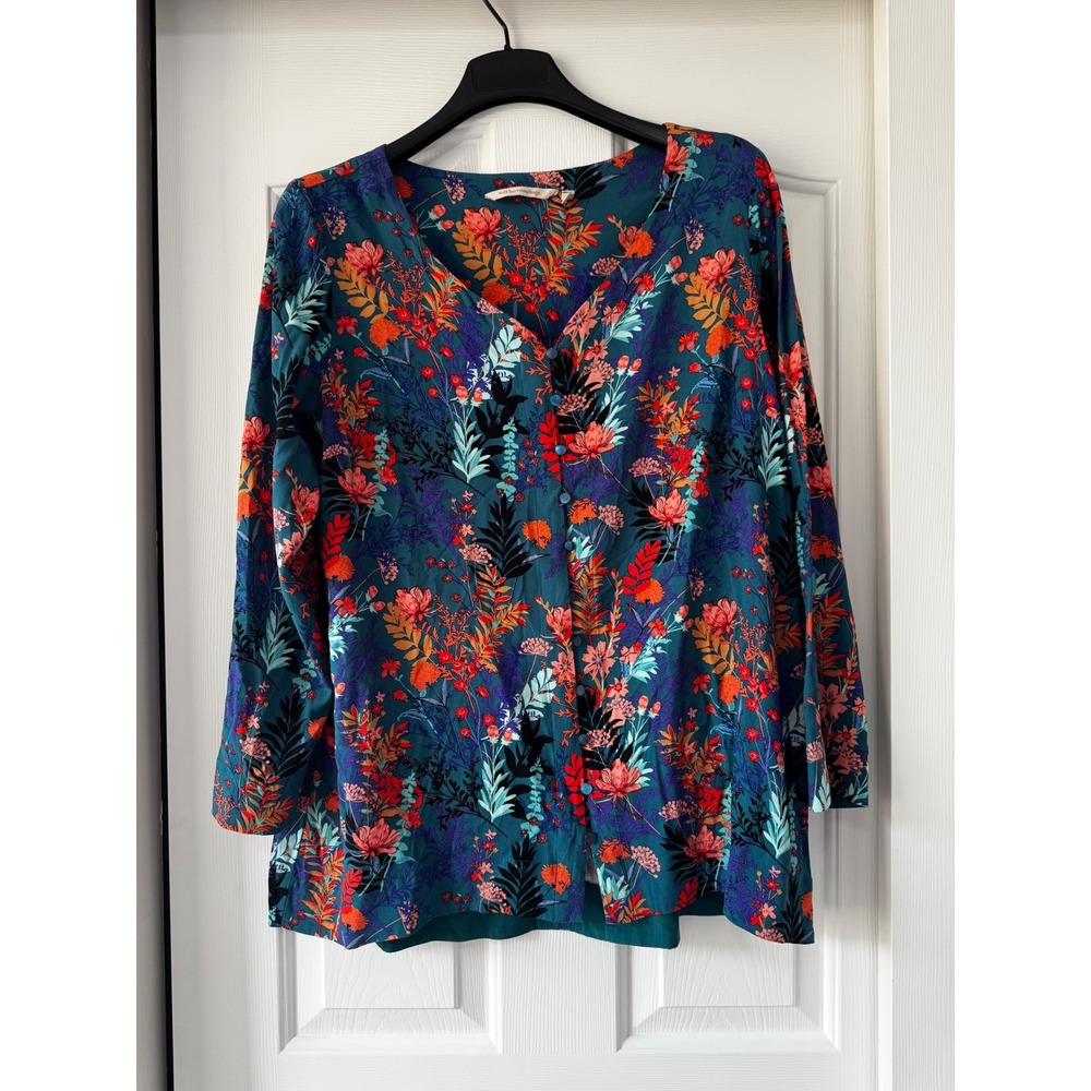 Soft Surroundings Teal Floral Button Front Tunic Top Long Sleeve V-Neck